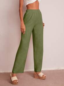 SHEIN Privé Elastic Waist Solid Wide Leg Trousers - Army Green - View 5