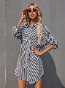 SHEIN LUNE 條紋捲袖襯衫式連衣裙 - 黑與白 - 查看 3