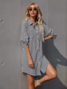 SHEIN LUNE 條紋捲袖襯衫式連衣裙 - 黑與白 - 查看 6