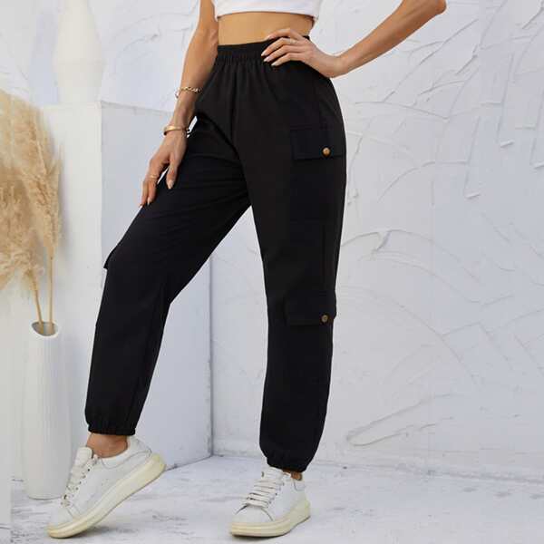 

Solid Flap Pocket Cargo Pants, Black