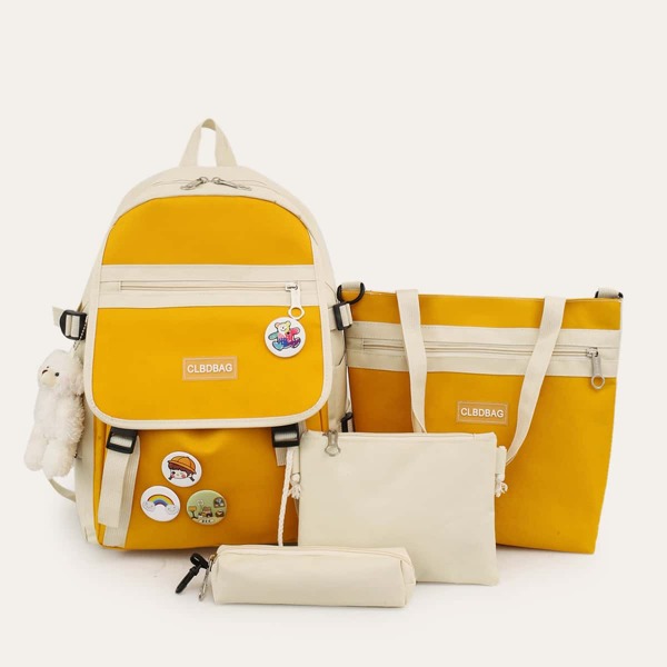 

4pcs Color Block Pattern Bear Charm Bag Set, Yellow