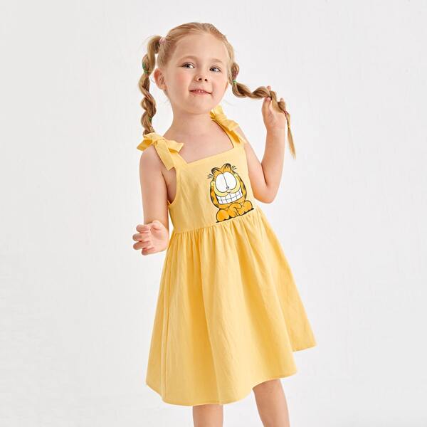

Toddler Girls Knotted Shoulder Cartoon Graphic Cami Dress, Yellow