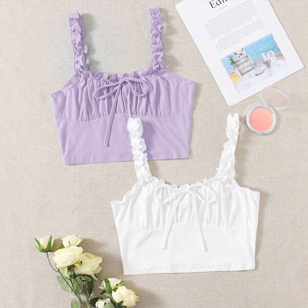 

2 Pack Frilled Ruched Bust Tie Front Cami Top, Multicolor