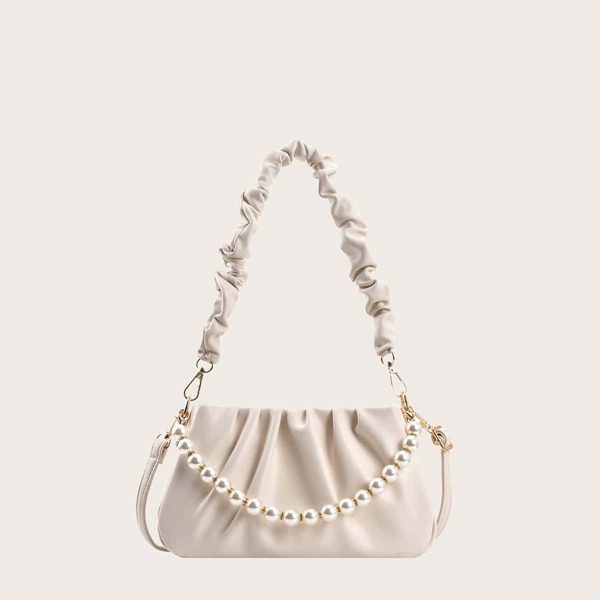 

Faux Pearl Decor Ruched Shoulder Bag, Beige