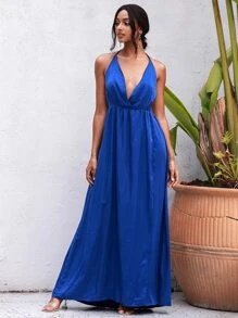 LOVE&LEMONADE Đầm Lộ Lưng Buộc lại Trọn gói Tách cao màu trơn Boho - Xanh đậm - Xem 4