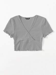 SHEIN Qutie 交叉領生菜邊T恤 - 灰色 - 查看 3