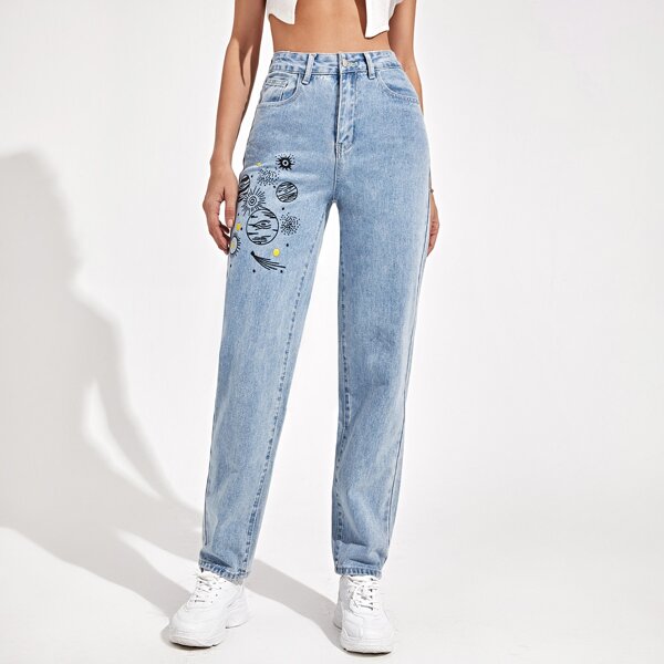 

Zipper Fly Cartoon Graphic Jeans, Light wash