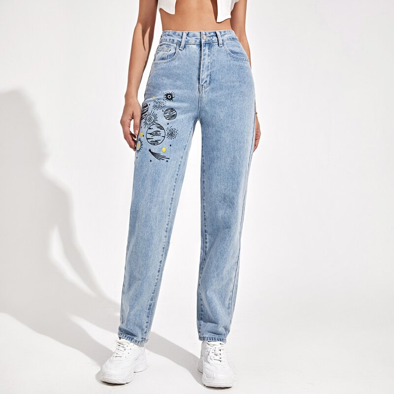 

Zipper Fly Cartoon Graphic Jeans, Light wash