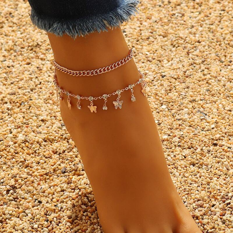 

2pcs Butterfly Charm Anklet, Rose gold