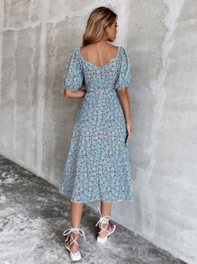 Ditsy Floral Backless A-line Dress - Baby Blue - View 2