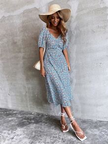 Ditsy Floral Backless A-line Dress - Baby Blue - View 3