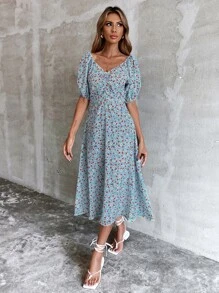 Ditsy Floral Backless A-line Dress - Baby Blue - View 4