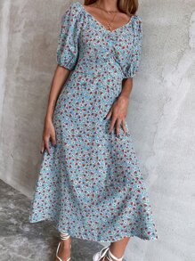 Ditsy Floral Backless A-line Dress - Baby Blue - View 5