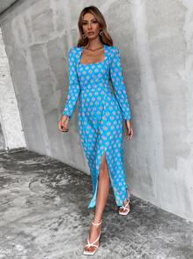 Aveloria Allover Print Split Side Fitted Dress - Blue - View 3