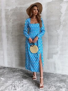 Aveloria Allover Print Split Side Fitted Dress - Blue - View 5