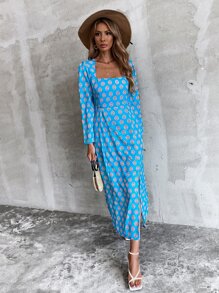 Aveloria Allover Print Split Side Fitted Dress - Blue - View 6