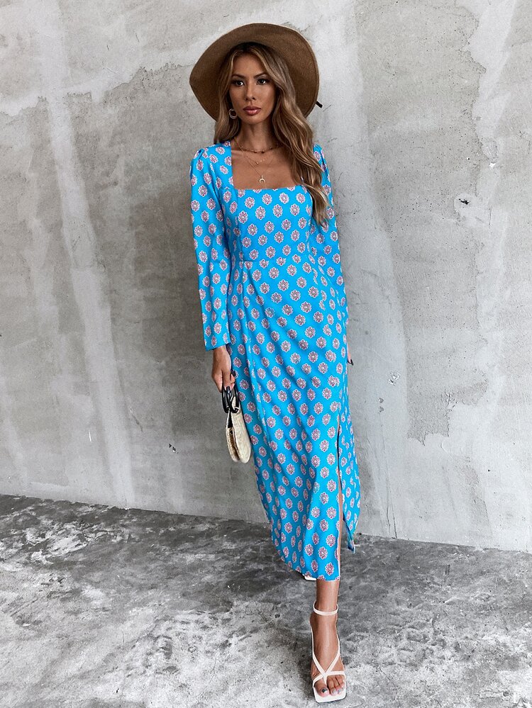 GENKIRA 滿版圖案側開衩合身連衣裙 - 藍色 - 查看 6