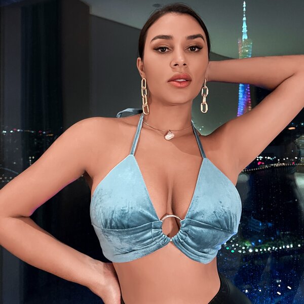 

Tie Back Ring Detail Halter Top, Baby blue