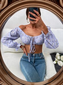Aveloria Crop Top mit Band vorne und Blume Muster