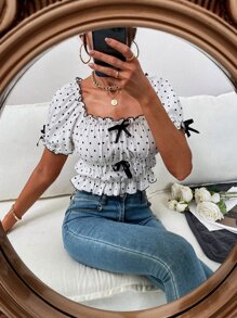 Allover Heart Bow Frill Blouse - White - View 1