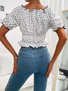 Allover Heart Bow Frill Blouse - White - View 2