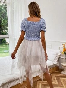 Aveloria Gingham Shirred Mesh Panel A-line Dress - Blue and White - View 2