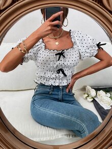 Allover Heart Bow Frill Blouse - White - View 6