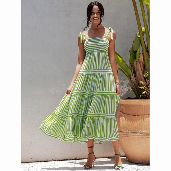 

Striped Tie Shoulder Shirred Bodice Ruffle Hem Cami Dress, Lime green
