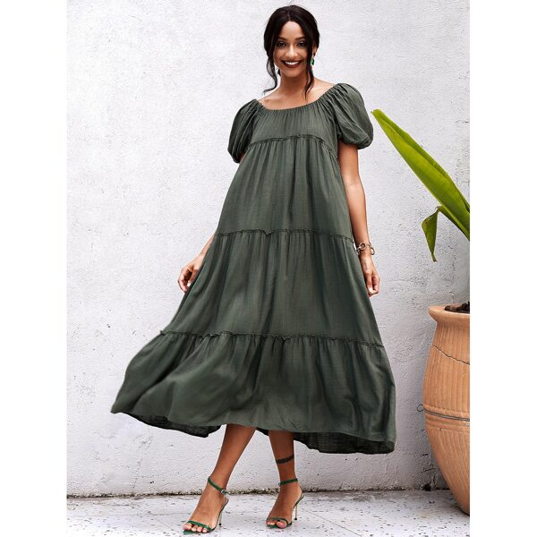 

Puff Sleeve Flounce Hem Smock Dress, Dark grey