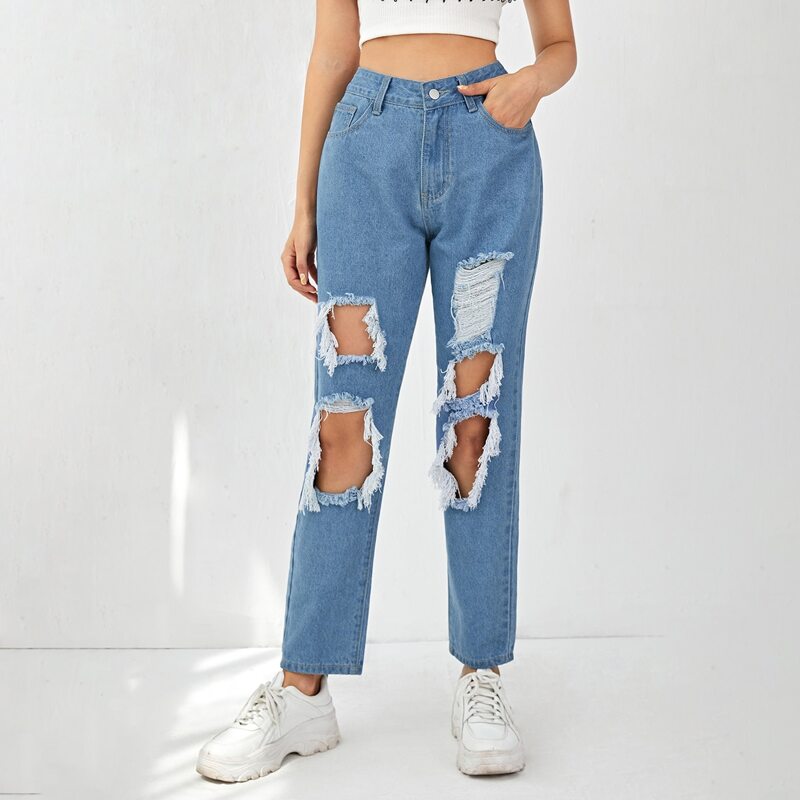 

Ripped Button Fly Jeans, Light wash