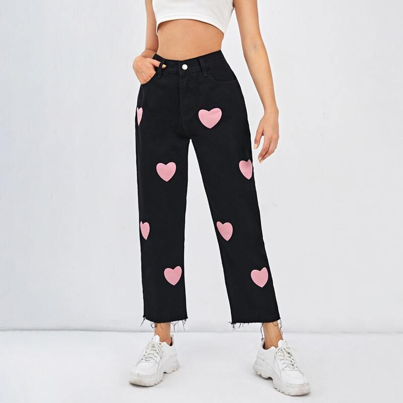 

Heart Graphic Distressed Jeans, Black