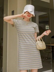 DAZY 彩色条纹印花 T 恤连衣裙夏季太阳裙，休闲女装 - 彩色 - 查看 3