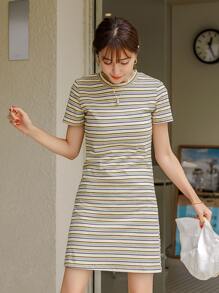 DAZY 彩色条纹印花 T 恤连衣裙夏季太阳裙，休闲女装 - 彩色 - 查看 5