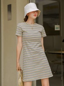 DAZY 彩色条纹印花 T 恤连衣裙夏季太阳裙，休闲女装 - 彩色 - 查看 6