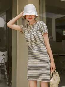 DAZY 彩色条纹印花 T 恤连衣裙夏季太阳裙，休闲女装 - 彩色 - 查看 8