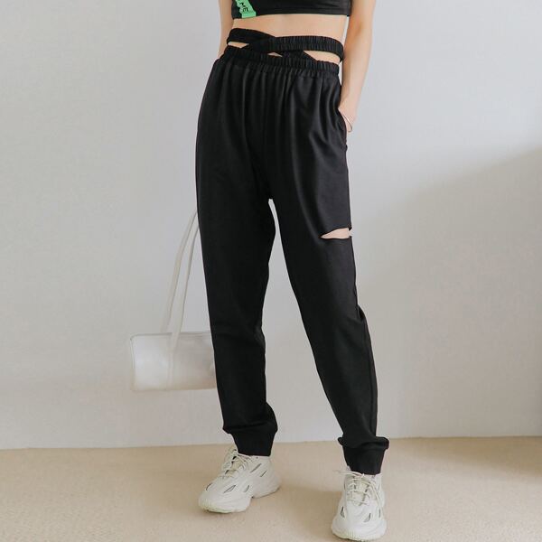 

Criss Cross Waist Ripped Sweatpants, Black