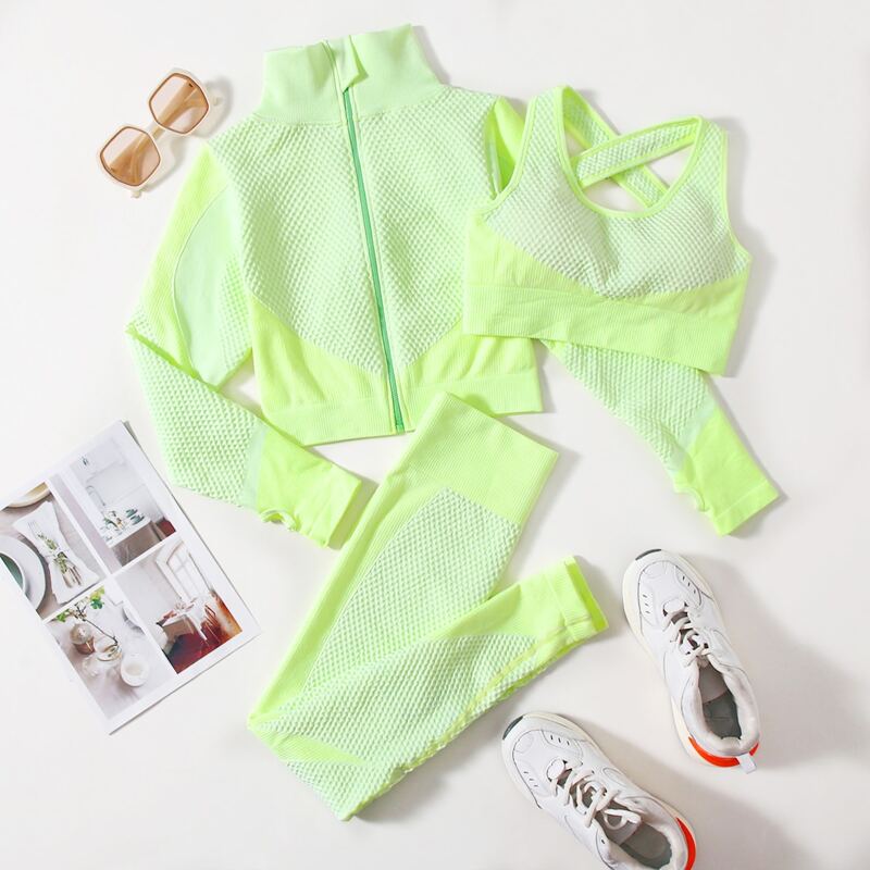 

3pcs Seamless Sports Bra & Sports Jacket & Sports Leggings, Green
