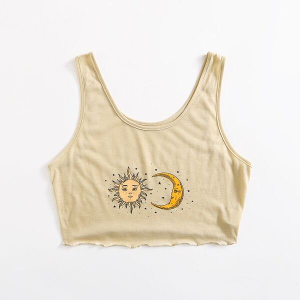 

Plus Sun And Moon Print Lettuce Trim Crop Top, Khaki