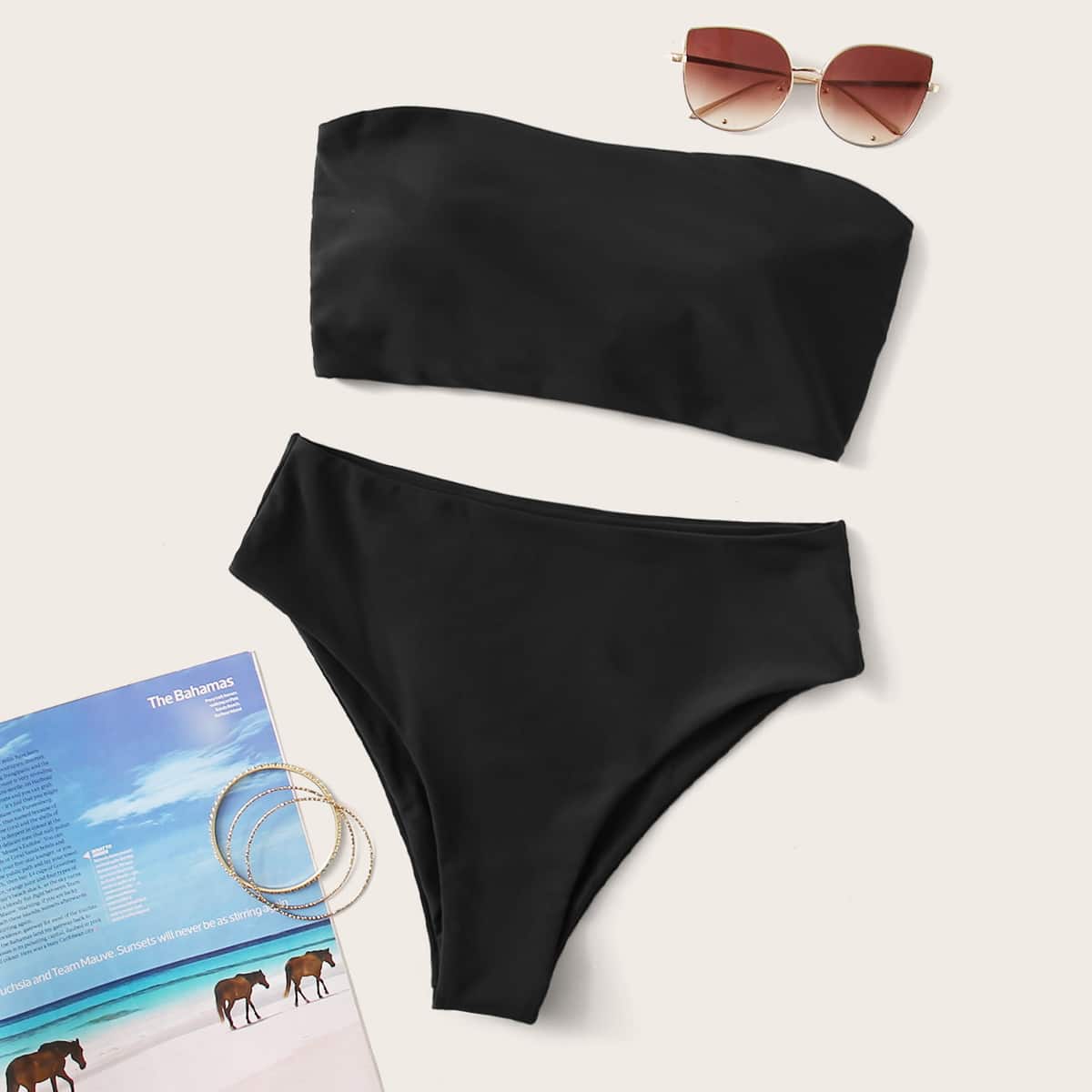 

Solid Bandeau Bikini Swimsuit, Black