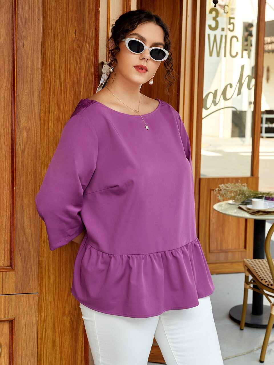 Plus Wrap Lace Trim Peplum Top