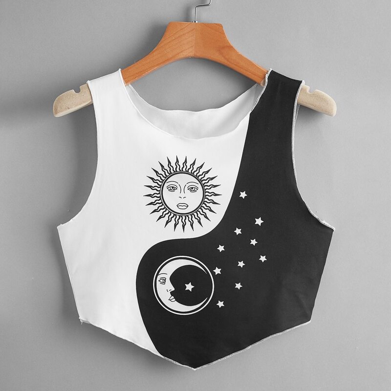 

Sun & Moon Graphic Colorblock Tank Top, Black and white