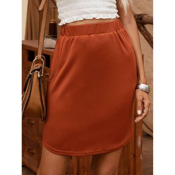 

Solid High Waist Straight Skirt, Rust brown