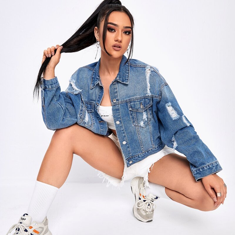 

Ripped Washed Button Up Denim Jacket, Medium wash