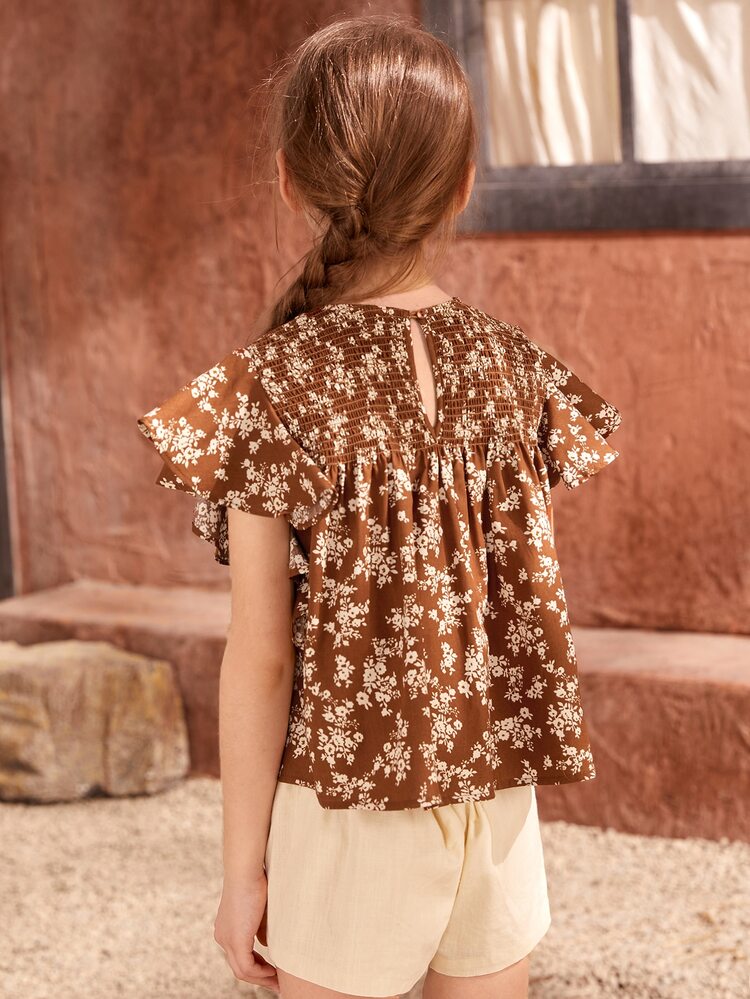 SHEIN 女孩打褶肩部荷葉袖上衣 - 彩色 - 查看 2