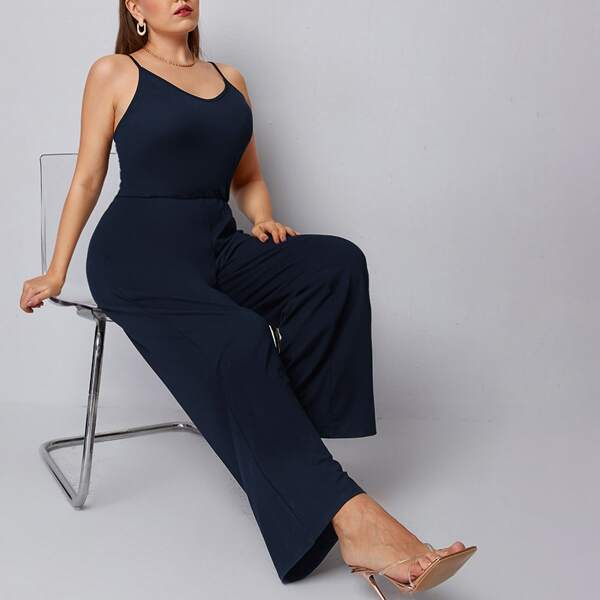 

Plus Solid Wide Leg Cami Jumpsuit, Navy blue