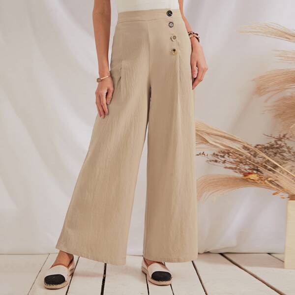 

Solid Button Wide Leg Pants, Apricot