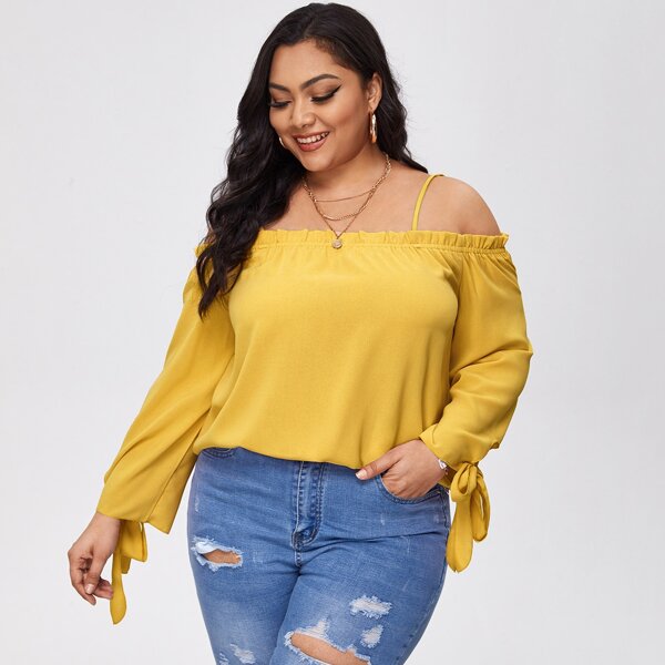 

Plus Frill Trim Knot Cuff Solid Blouse, Yellow
