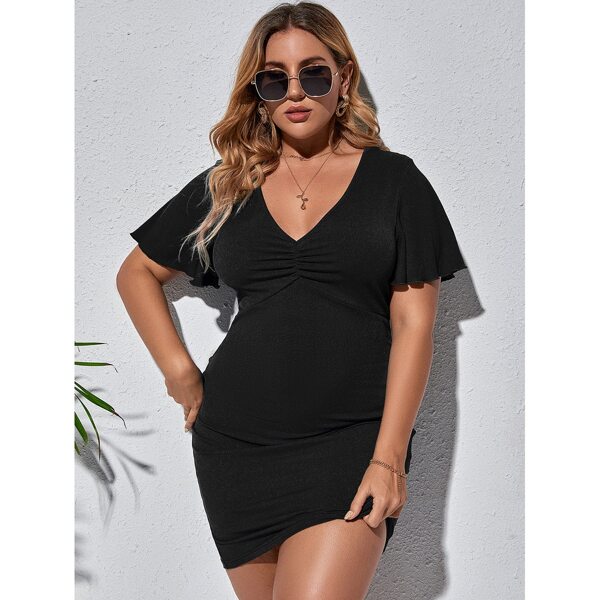

Plus Solid Rib-Knit Ruched Dress, Black