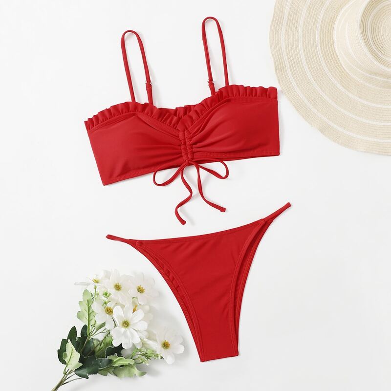 

Frill Trim Drawstring Bikini Swimsuit, Red