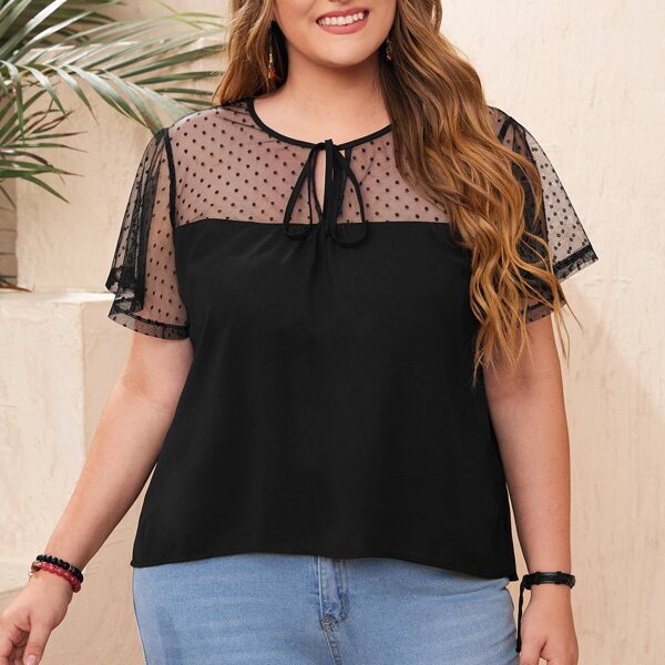 

Plus Tie Neck Butterfly Sleeve Top, Black